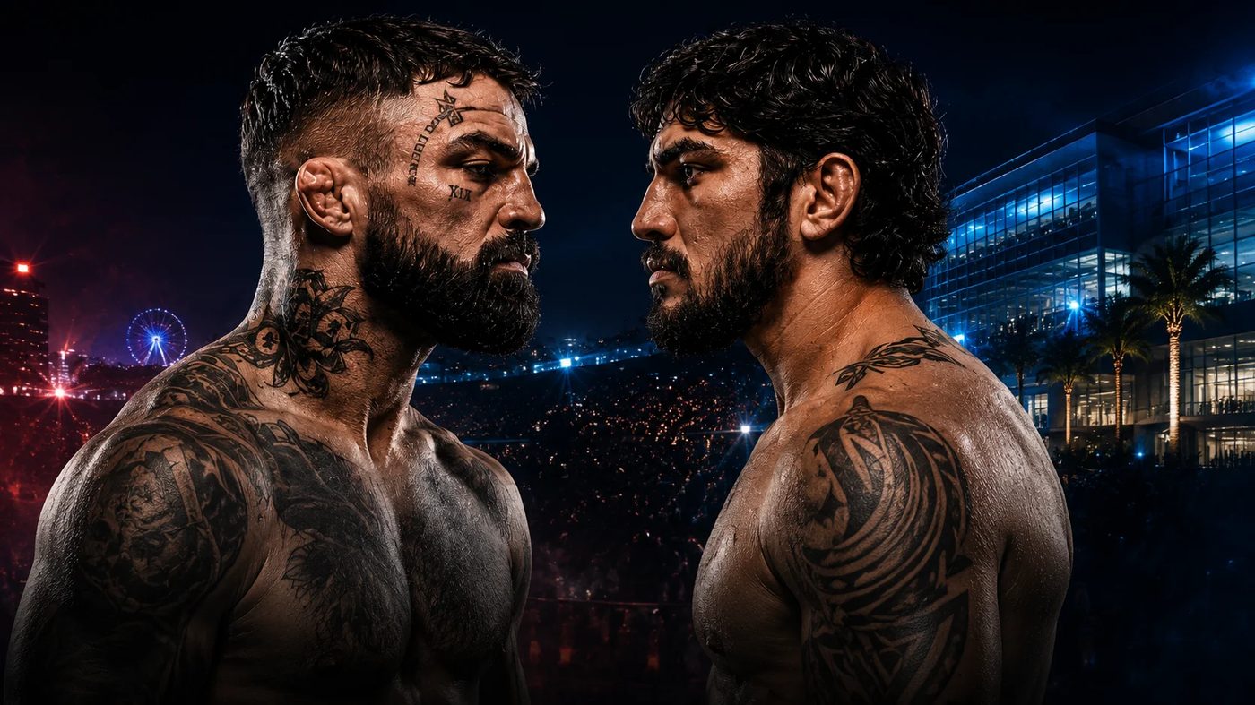 Mike Perry and Dillon Danis face-off promotional image for Duel Arena 1
